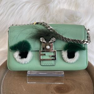 Fendi PRISTINE!-Micro Monster Bug Green Lambskin Baguette